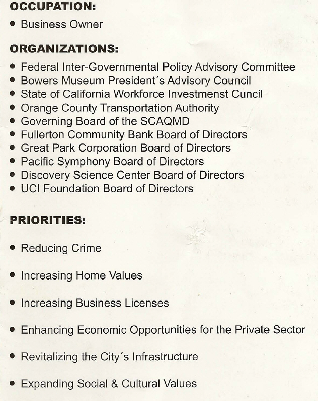 Santa Ana Mayor Miguel Pulido and Santa Ana City Councilman Vince Sarmiento are campaigning together this year as the “leadership team” as I previously reported.  Now I have a copy […]